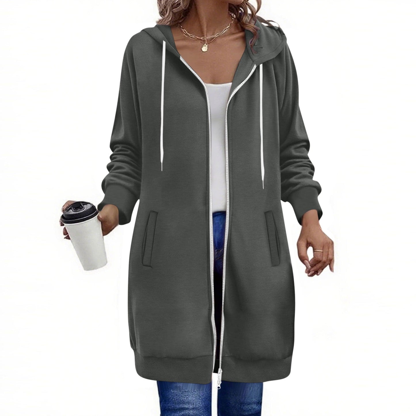 Long Hoodies for Women Zip Up Double Zipper Fleece Jacket Tunic Sweatshirts Fall Winter Fashion Clothes