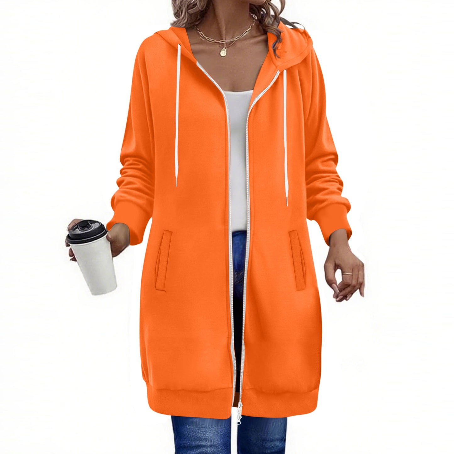 Long Hoodies for Women Zip Up Double Zipper Fleece Jacket Tunic Sweatshirts Fall Winter Fashion Clothes