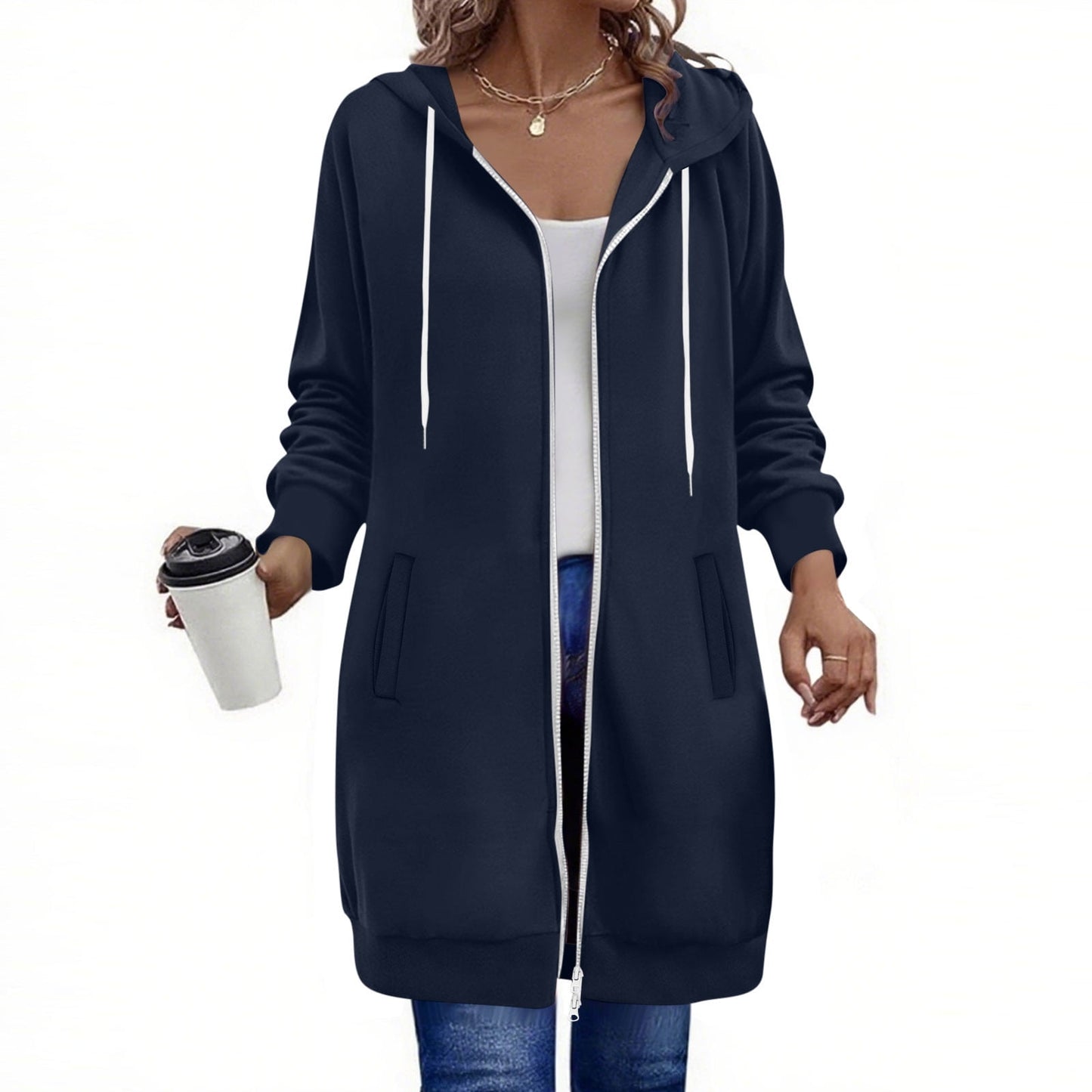 Long Hoodies for Women Zip Up Double Zipper Fleece Jacket Tunic Sweatshirts Fall Winter Fashion Clothes