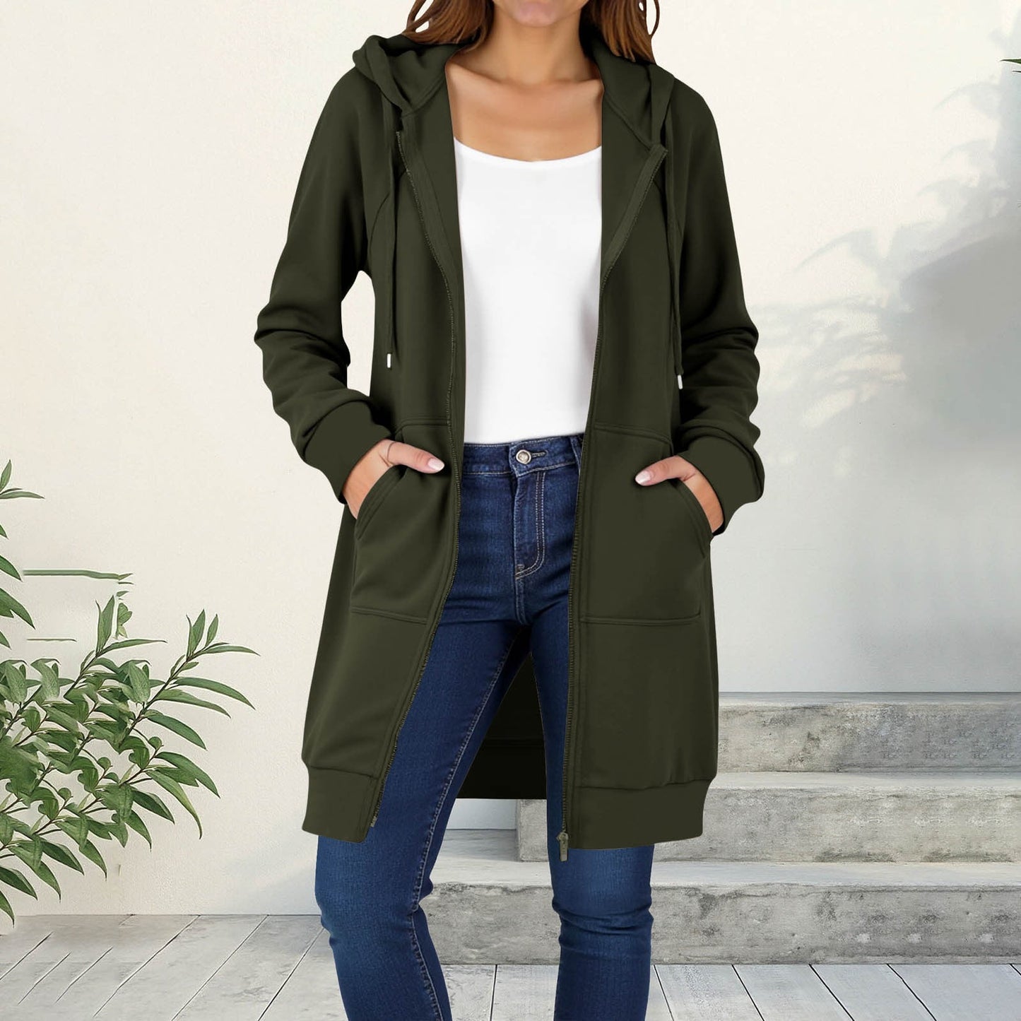 Long Hoodies for Women Zip Up Double Zipper Fleece Jacket Tunic Sweatshirts Fall Winter Fashion Clothes