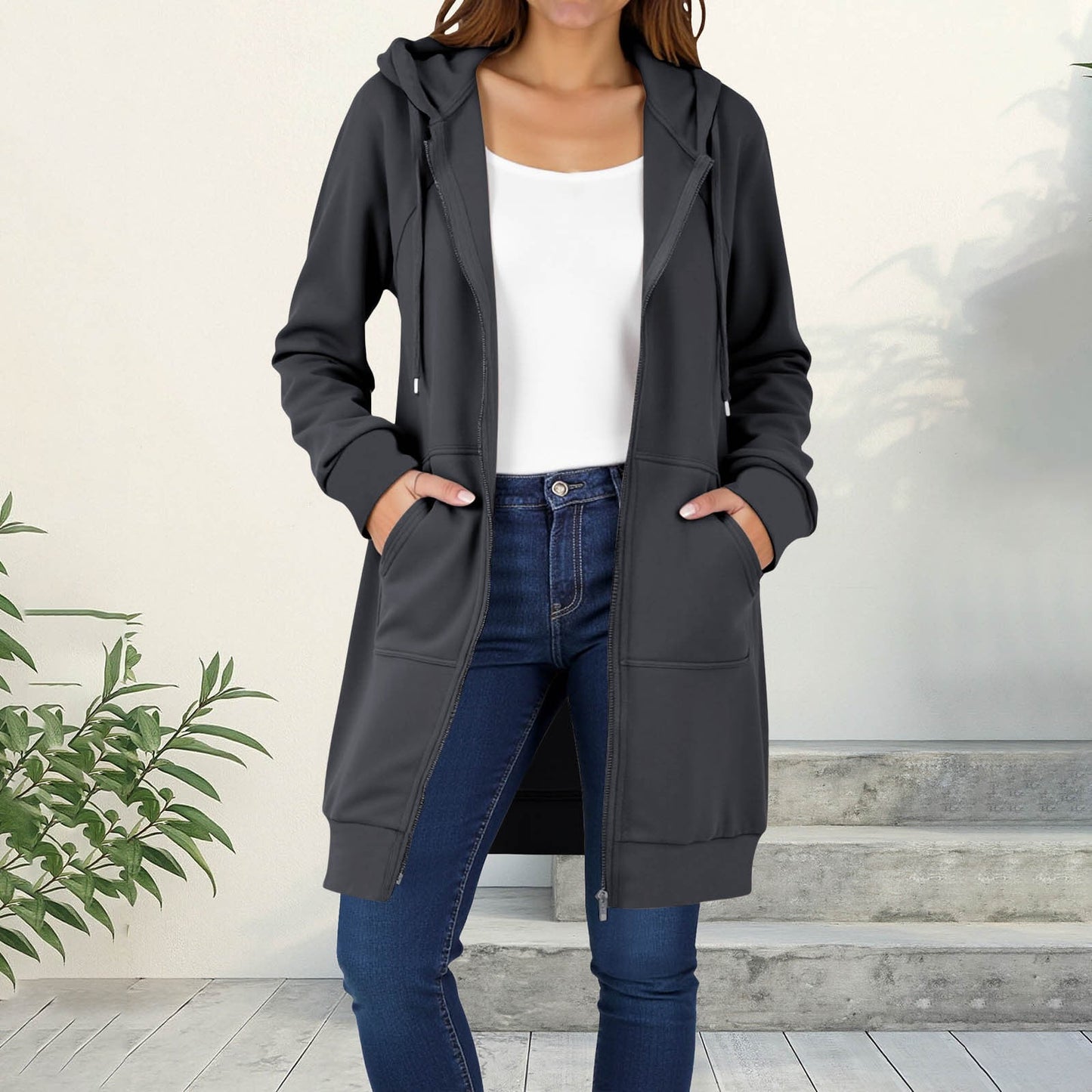 Long Hoodies for Women Zip Up Double Zipper Fleece Jacket Tunic Sweatshirts Fall Winter Fashion Clothes