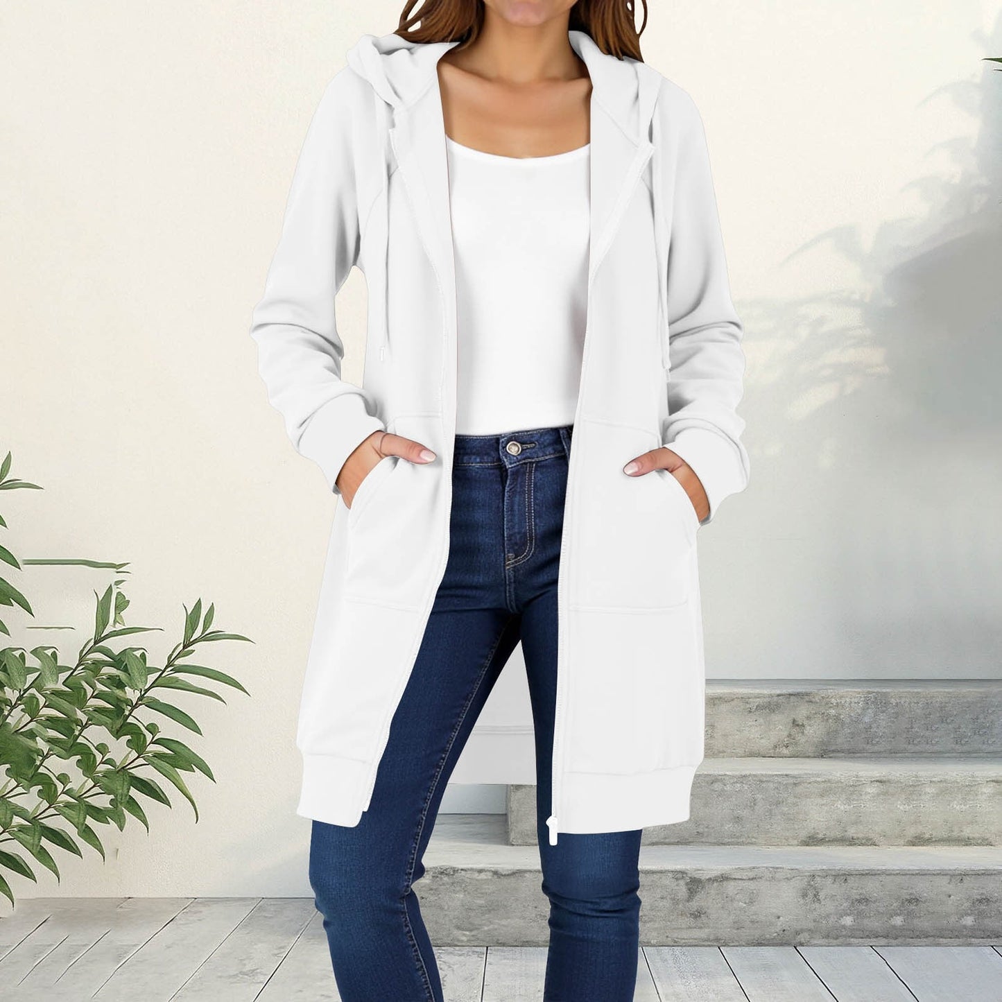 Long Hoodies for Women Zip Up Double Zipper Fleece Jacket Tunic Sweatshirts Fall Winter Fashion Clothes