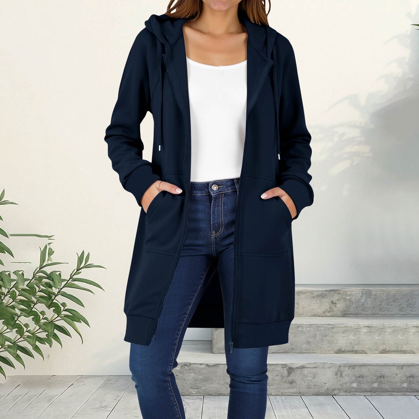Long Hoodies for Women Zip Up Double Zipper Fleece Jacket Tunic Sweatshirts Fall Winter Fashion Clothes