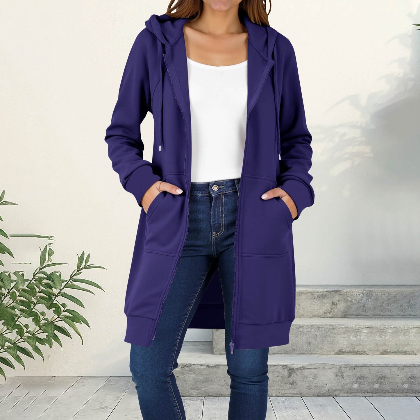 Long Hoodies for Women Zip Up Double Zipper Fleece Jacket Tunic Sweatshirts Fall Winter Fashion Clothes