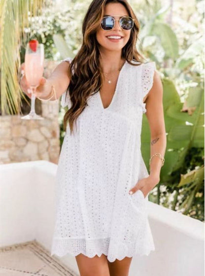 New Mid-Length Dress Lace Jacquard Cut-Out Pocket Lining Shorts V-Neck Large Dress