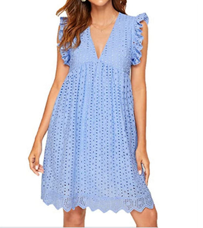 New Mid-Length Dress Lace Jacquard Cut-Out Pocket Lining Shorts V-Neck Large Dress