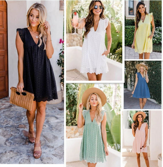 New Mid-Length Dress Lace Jacquard Cut-Out Pocket Lining Shorts V-Neck Large Dress
