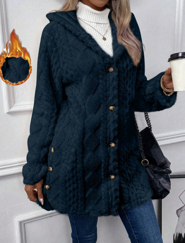 Arvynstudio Women's Fall Winter Warm Fashion Jacquard Hooded Cardigan Long Sleeve Coat