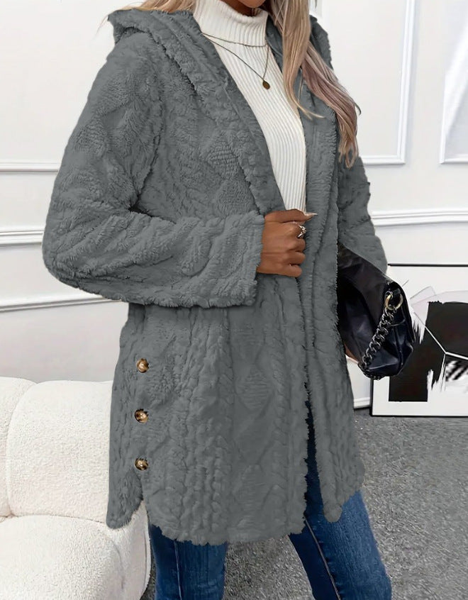 Arvynstudio Women's Fall Winter Warm Fashion Jacquard Hooded Cardigan Long Sleeve Coat