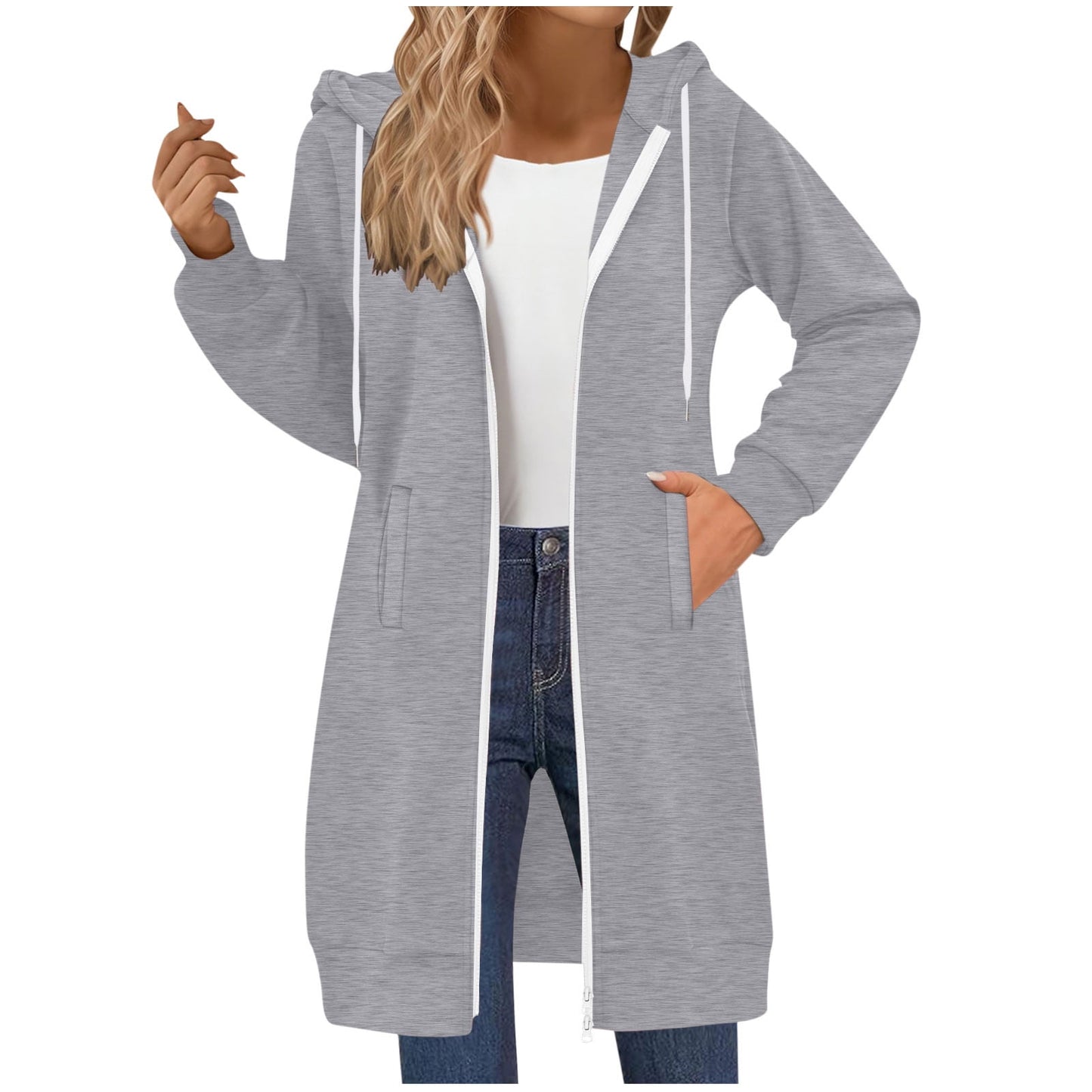 Long Hoodies for Women Zip Up Double Zipper Fleece Jacket Tunic Sweatshirts Fall Winter Fashion Clothes