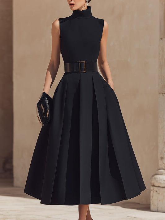 Belted High-Neck Pleated Maxi Dress