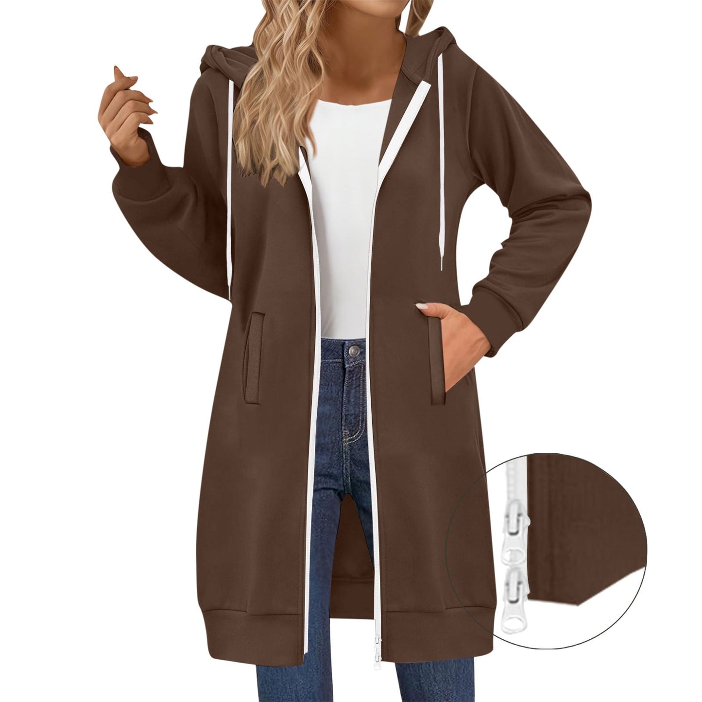 Long Hoodies for Women Zip Up Double Zipper Fleece Jacket Tunic Sweatshirts Fall Winter Fashion Clothes