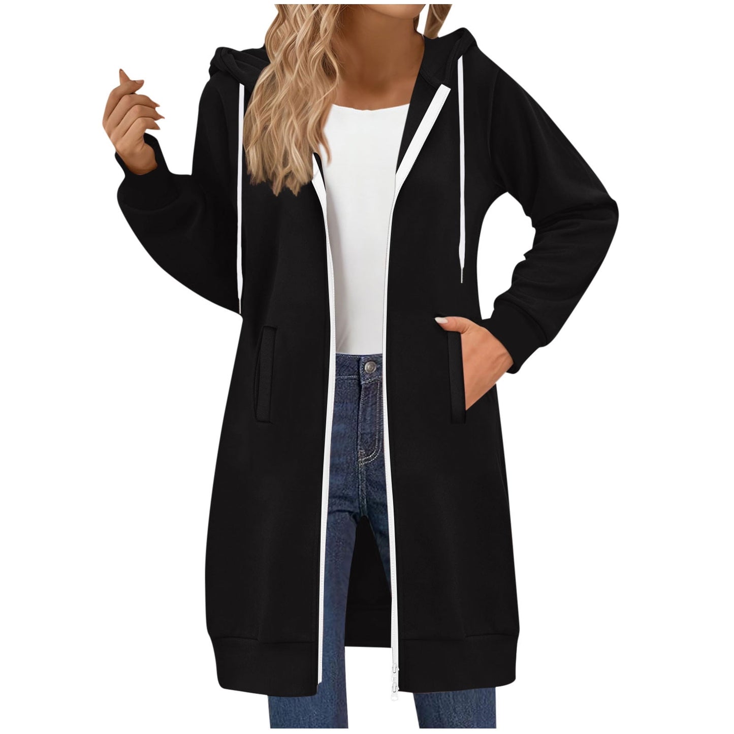 Long Hoodies for Women Zip Up Double Zipper Fleece Jacket Tunic Sweatshirts Fall Winter Fashion Clothes