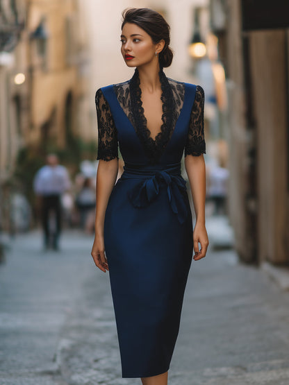 Elegant Lace-Trim V-Neck Belted Midi Dress