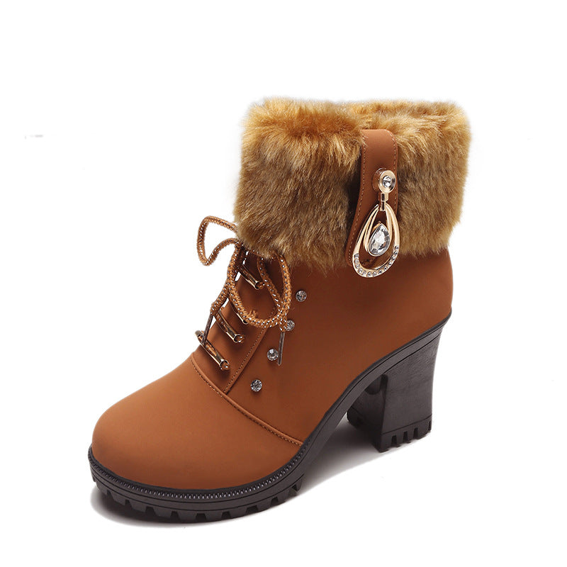 Bootara Women's Glam Knit-Cuff Boots - Rhinestone Decor Side Zip Block Heel Dress Boots (US 5-10)