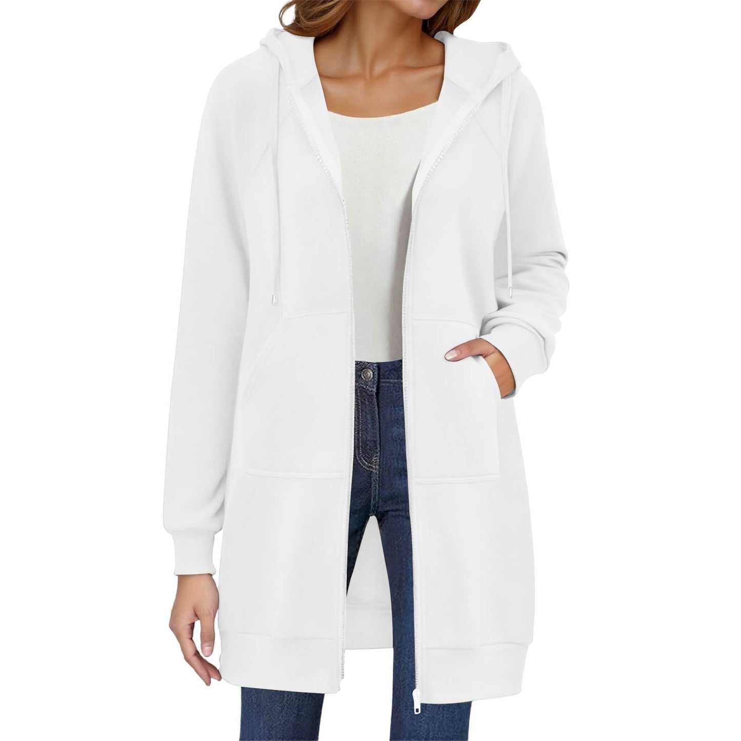 Long Hoodies for Women Zip Up Double Zipper Fleece Jacket Tunic Sweatshirts Fall Winter Fashion Clothes