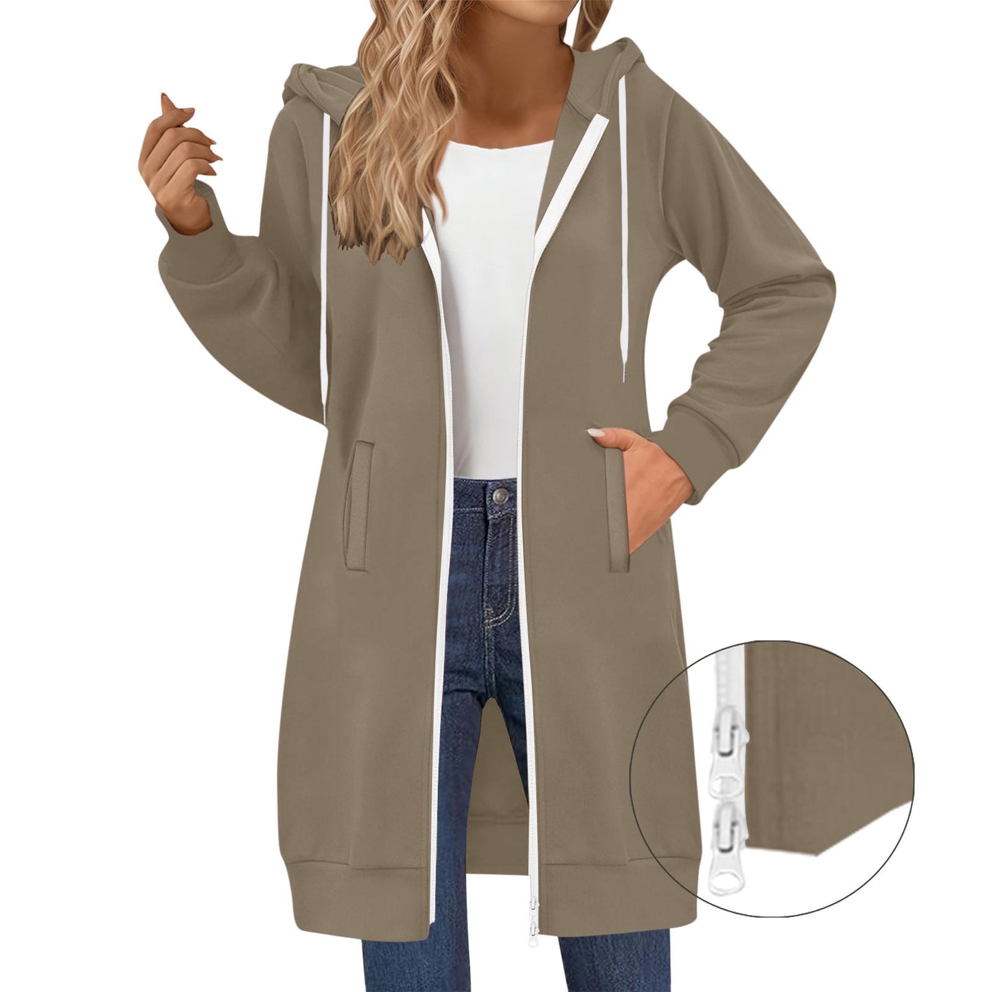 Long Hoodies for Women Zip Up Double Zipper Fleece Jacket Tunic Sweatshirts Fall Winter Fashion Clothes