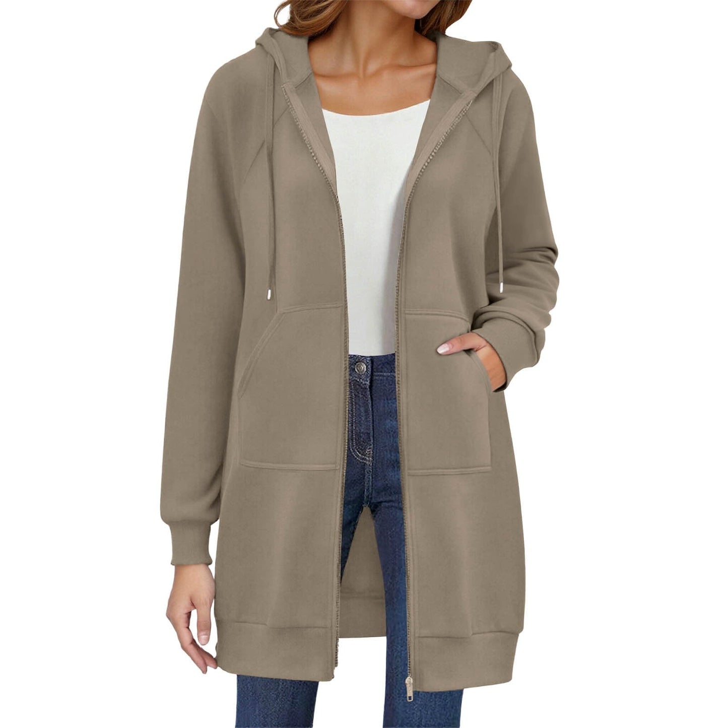 Long Hoodies for Women Zip Up Double Zipper Fleece Jacket Tunic Sweatshirts Fall Winter Fashion Clothes