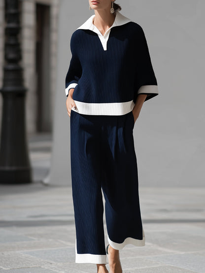 Sophisticated Nautical Ribbed Knit Two-Piece Lounge Set
