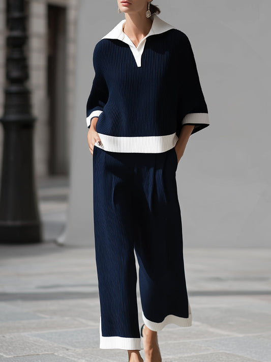 Sophisticated Nautical Ribbed Knit Two-Piece Lounge Set