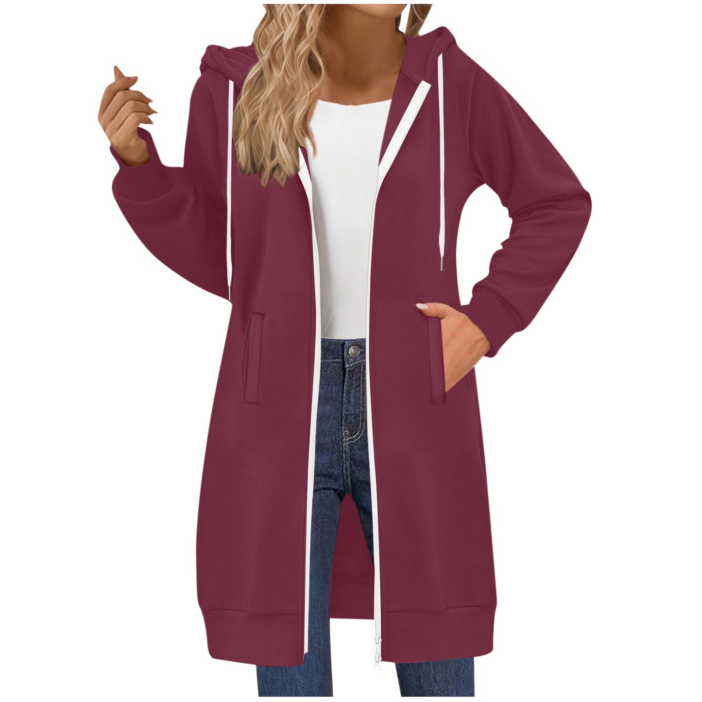Long Hoodies for Women Zip Up Double Zipper Fleece Jacket Tunic Sweatshirts Fall Winter Fashion Clothes