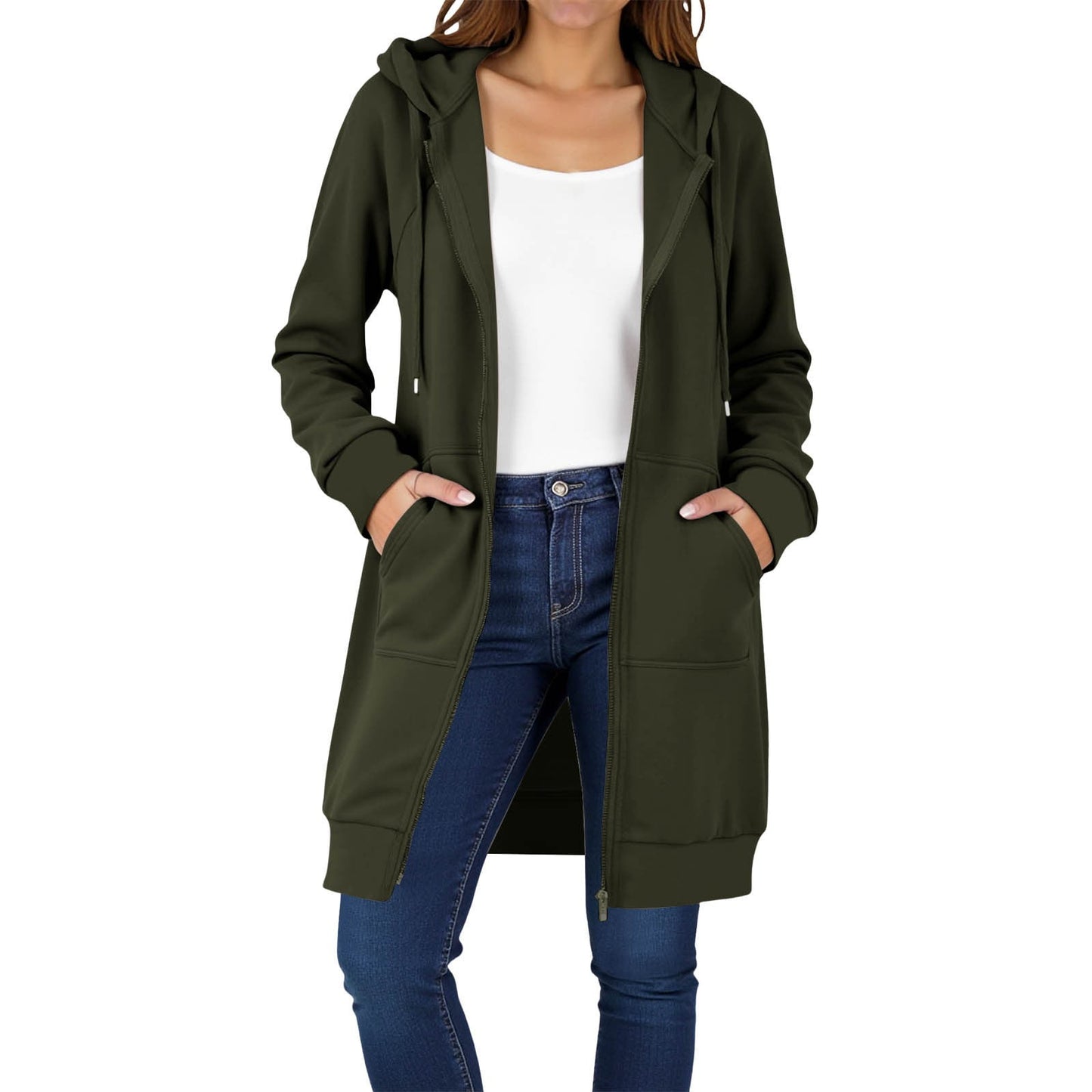 Long Hoodies for Women Zip Up Double Zipper Fleece Jacket Tunic Sweatshirts Fall Winter Fashion Clothes
