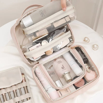 Cosmetic bag with transparent compartments