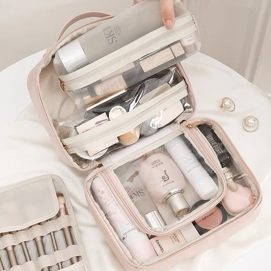 Cosmetic bag with transparent compartments