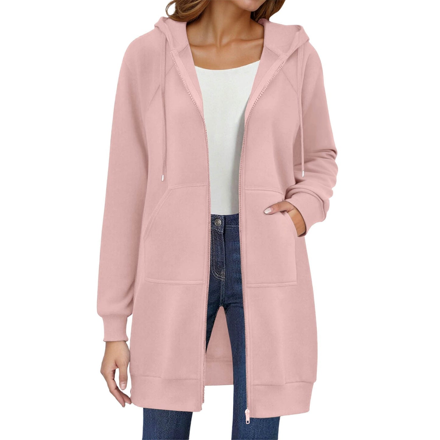 Long Hoodies for Women Zip Up Double Zipper Fleece Jacket Tunic Sweatshirts Fall Winter Fashion Clothes