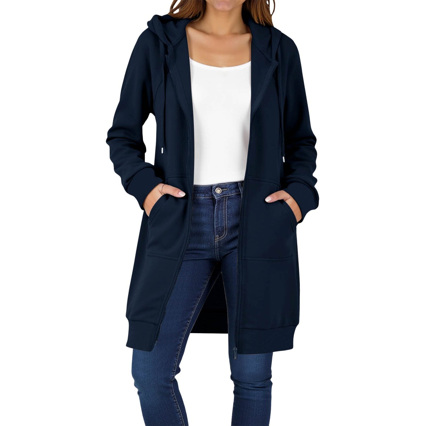 Long Hoodies for Women Zip Up Double Zipper Fleece Jacket Tunic Sweatshirts Fall Winter Fashion Clothes