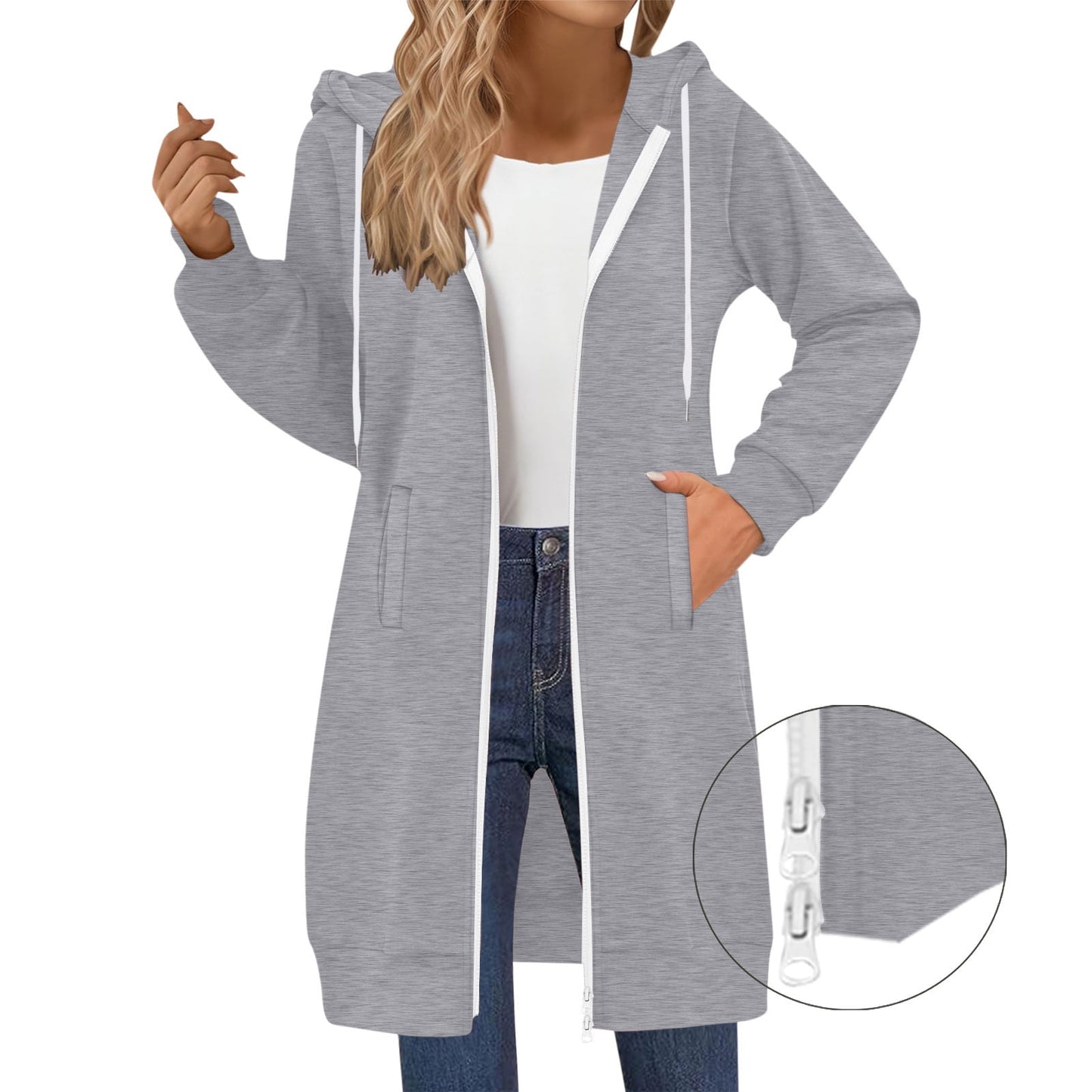 Long Hoodies for Women Zip Up Double Zipper Fleece Jacket Tunic Sweatshirts Fall Winter Fashion Clothes