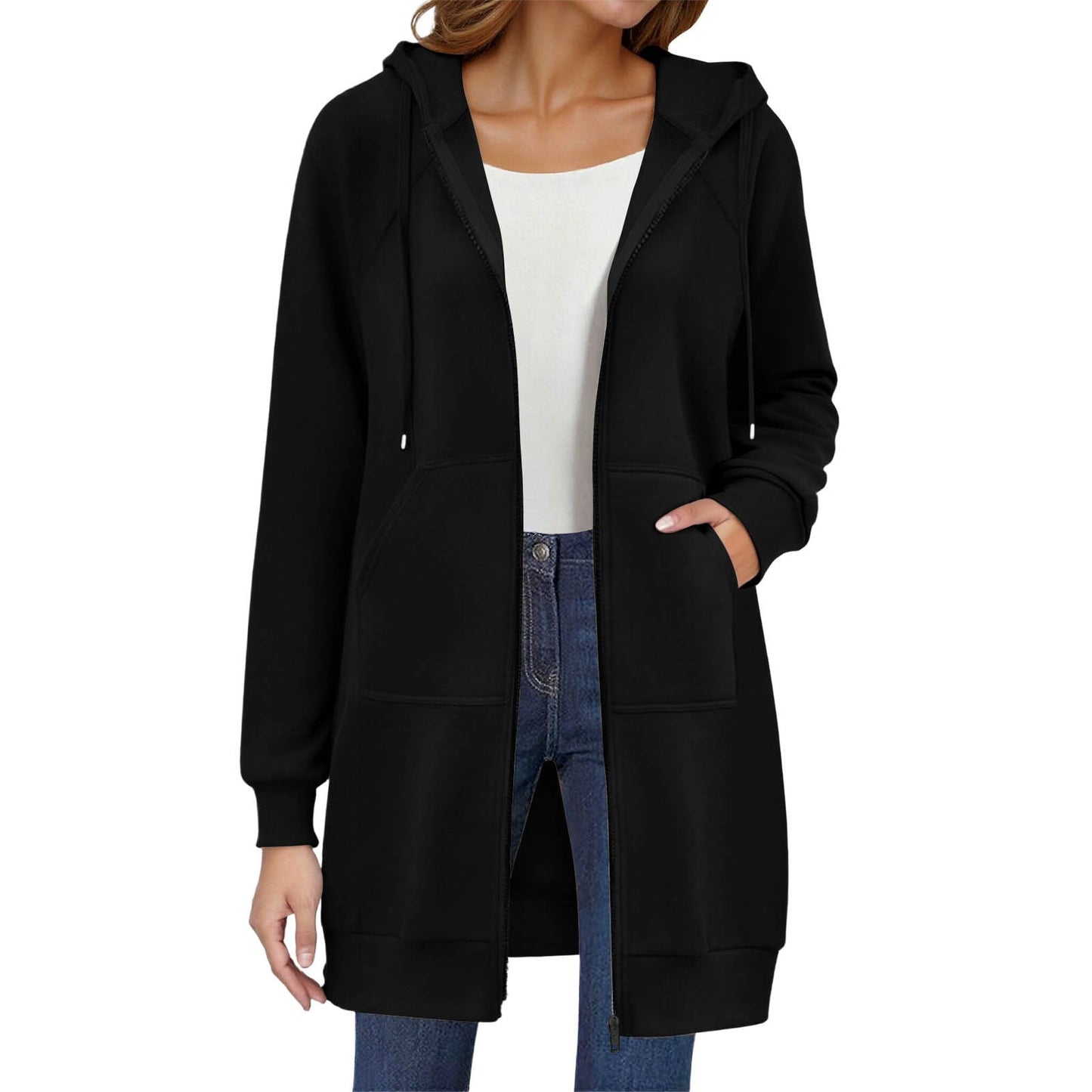 Long Hoodies for Women Zip Up Double Zipper Fleece Jacket Tunic Sweatshirts Fall Winter Fashion Clothes