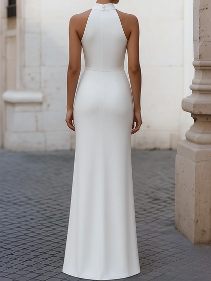 Elegant Satin Pleated Halter-Neck Evening Gown