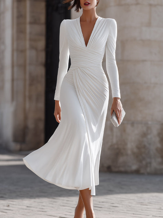 Ruched V-Neck Long Sleeve Midi Dress