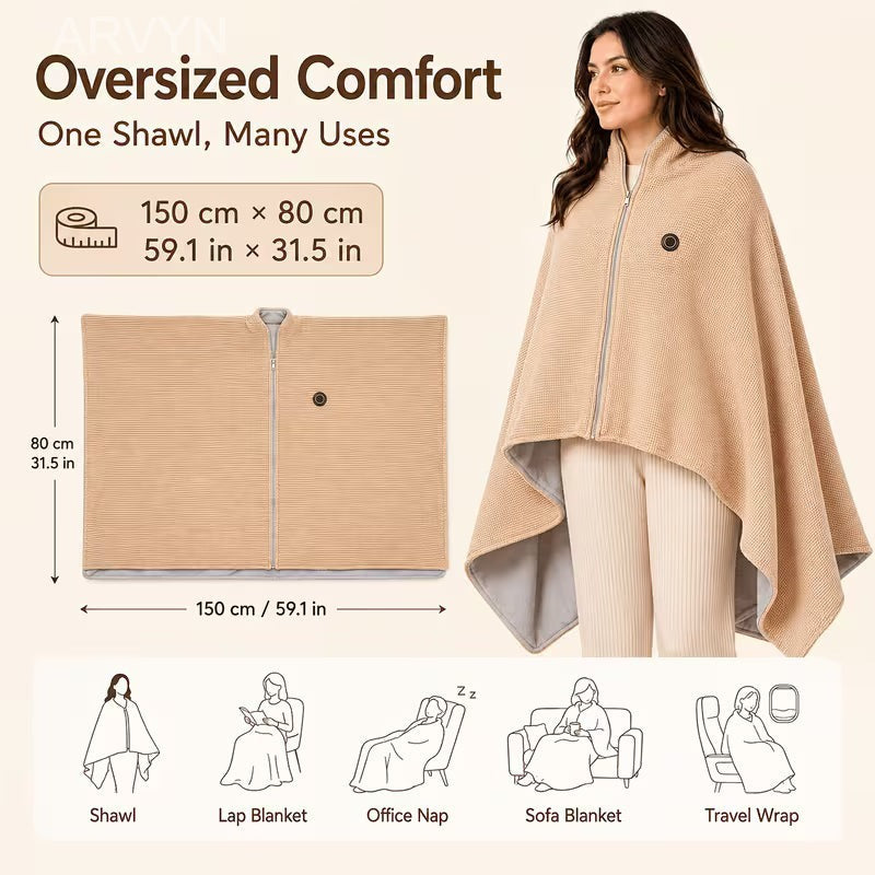 🔥🔥🔥8-Zone Heated Blanket & Wearable Shawl – 3 Heat Levels, USB Powered