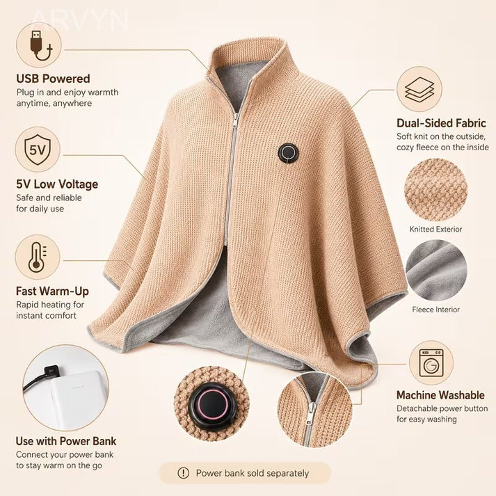 🔥🔥🔥8-Zone Heated Blanket & Wearable Shawl – 3 Heat Levels, USB Powered