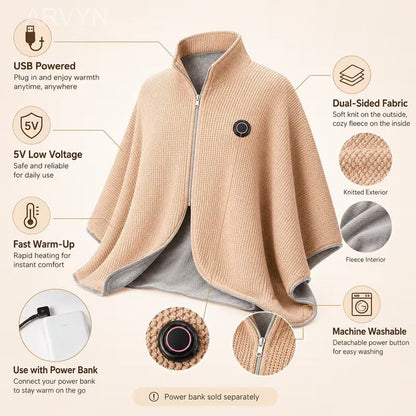 🔥🔥🔥8-Zone Heated Blanket & Wearable Shawl – 3 Heat Levels, USB Powered