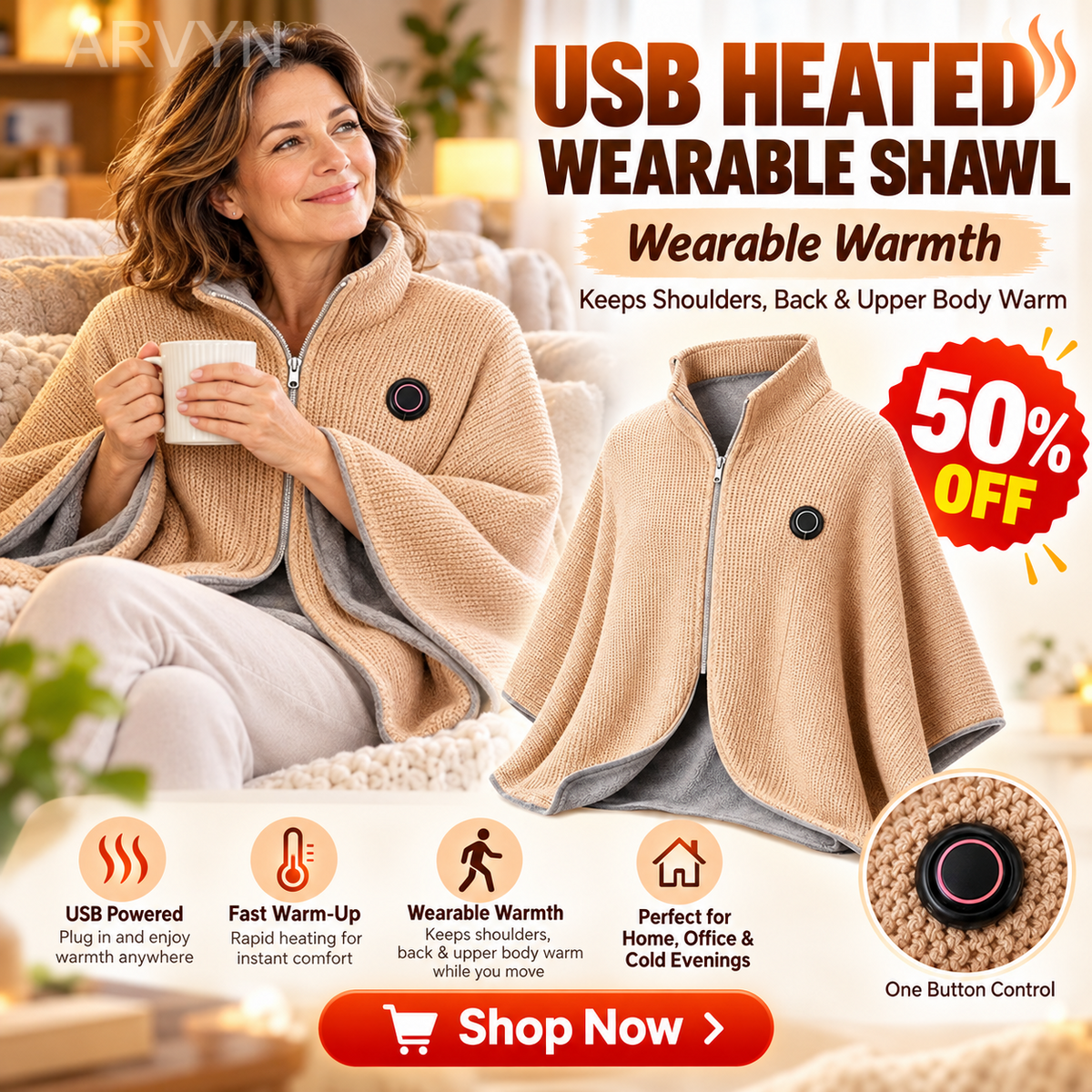 🔥🔥🔥8-Zone Heated Blanket & Wearable Shawl – 3 Heat Levels, USB Powered