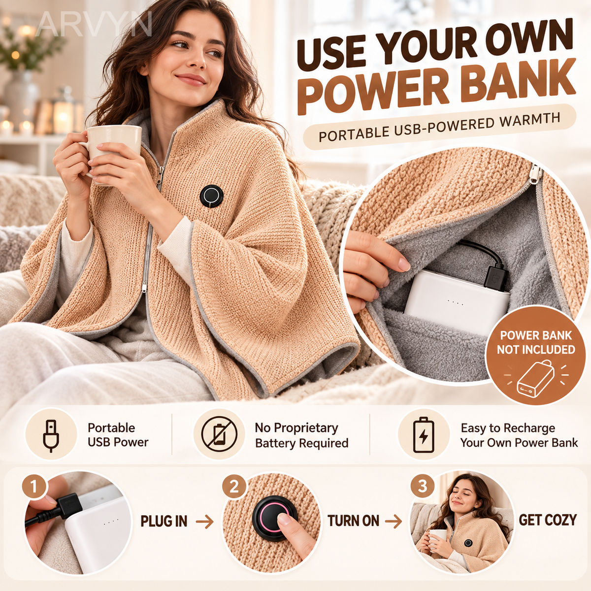 🔥🔥🔥8-Zone Heated Blanket & Wearable Shawl – 3 Heat Levels, USB Powered