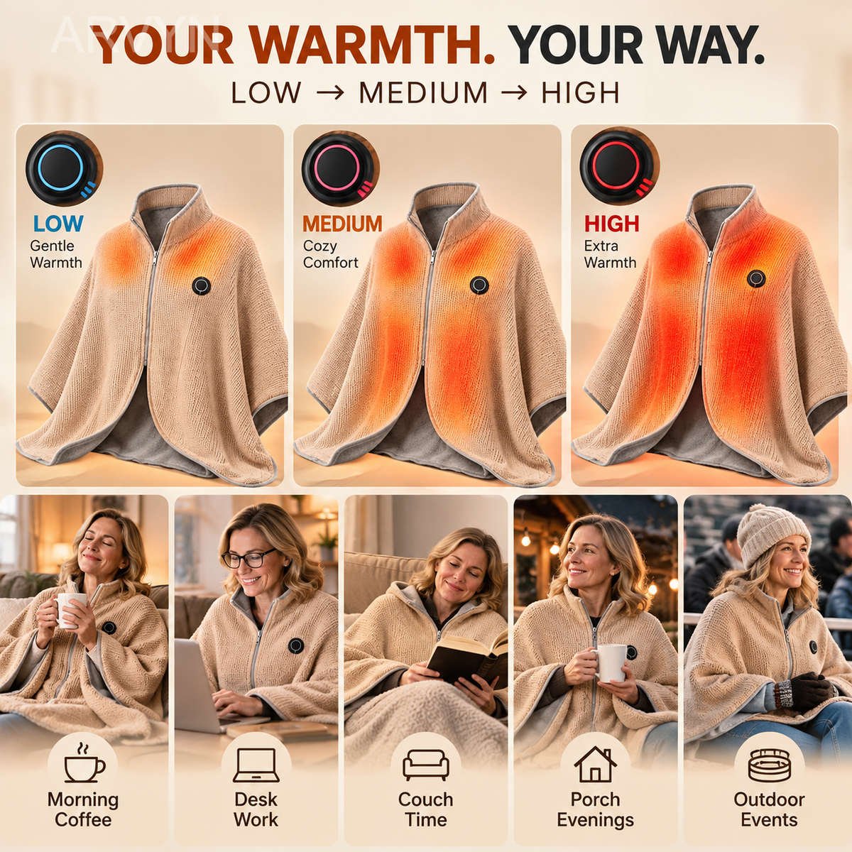 🔥🔥🔥8-Zone Heated Blanket & Wearable Shawl – 3 Heat Levels, USB Powered